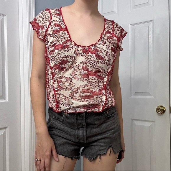 Free People Baby Tee Blouse Floral Sheer Boho Cotton Festival Fairy Size Small - Picture 2 of 7
